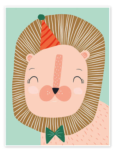 Póster Happy lion with party hat