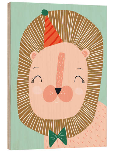 Quadro de madeira Happy lion with party hat