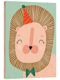 Cuadro de madera Happy lion with party hat