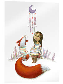 Quadro em acrílico Girl and Fox looking at a moon dream catcher