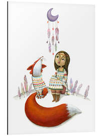 Obraz na aluminium Girl and Fox looking at a moon dream catcher
