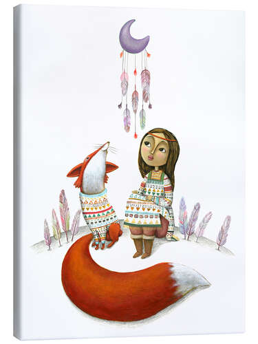 Canvas print Girl and Fox looking at a moon dream catcher
