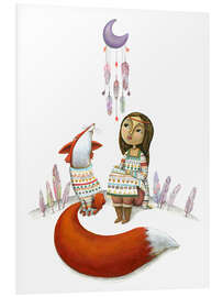Tableau en PVC Girl and Fox looking at a moon dream catcher