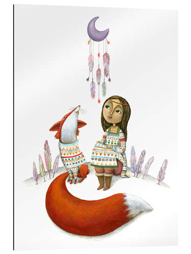Cuadro de plexi-alu Girl and Fox looking at a moon dream catcher