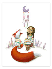 Wall print Girl and Fox looking at a moon dream catcher