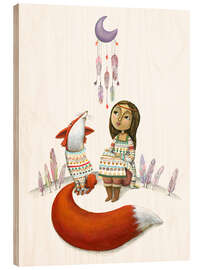 Wood print Girl and Fox looking at a moon dream catcher