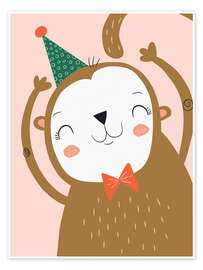 Wall print Happy monkey with party hat