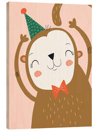 Tableau en bois Happy monkey with party hat