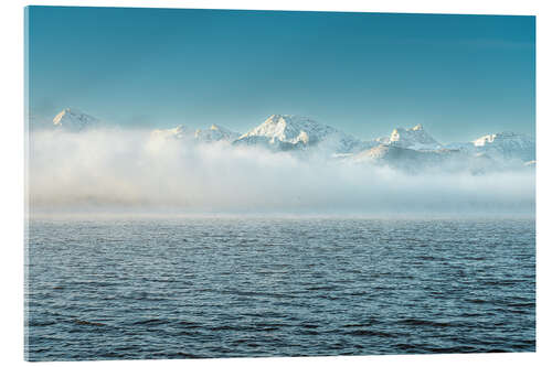 Acrylic print Morning mist at Hopfensee with mountains