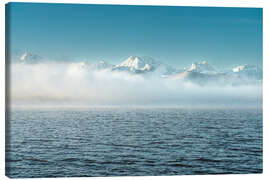 Tableau sur toile Morning mist at Hopfensee with mountains - Michael Helmer