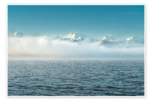 Poster Morning mist at Hopfensee with mountains