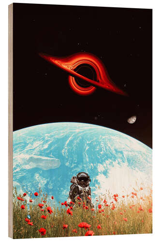 Wood print Astronaut in a poppy field and black hole