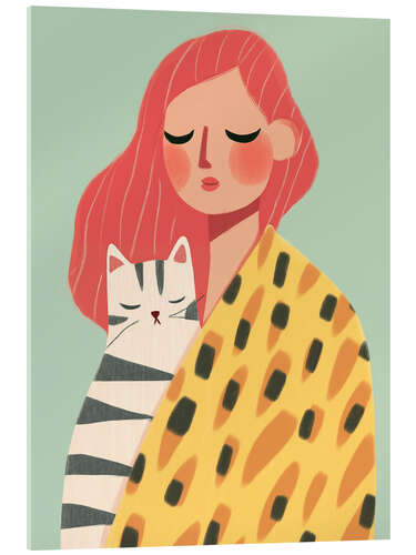 Tableau en verre acrylique Redhead woman with cat