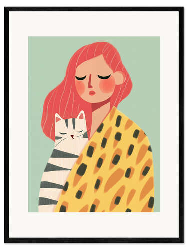 Impression artistique encadrée Redhead woman with cat