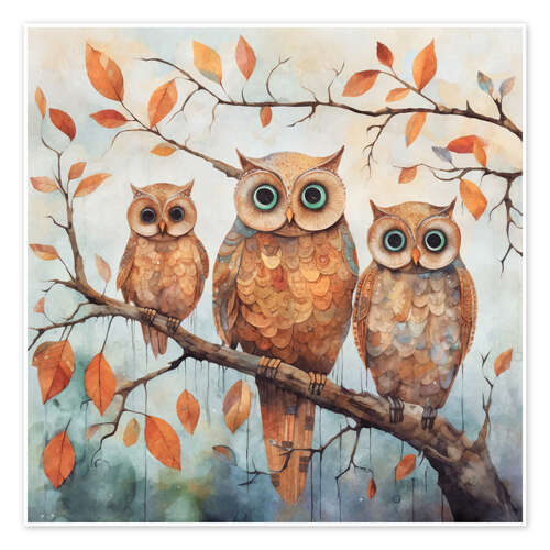 Poster Owls in the autumn forest