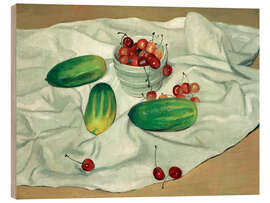 Holzbild Drei Gurken und ein Topf mit Kirschen, 1911