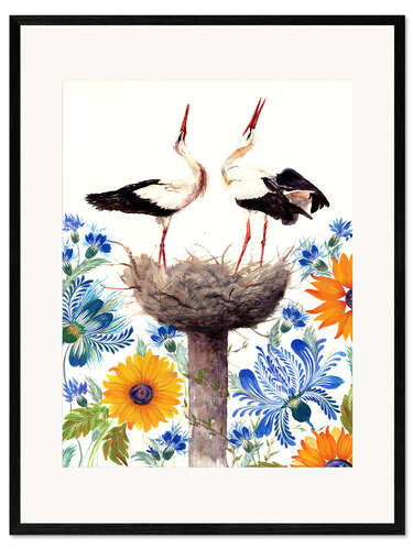 Impression artistique encadrée Stork Nest with Cornflowers and Sunflowers