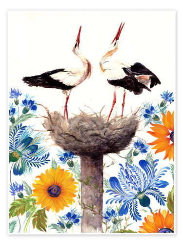 Poster Stork Nest with Cornflowers and Sunflowers