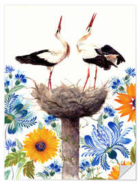 Autocolante decorativo Stork Nest with Cornflowers and Sunflowers - Tetiana Savchenko