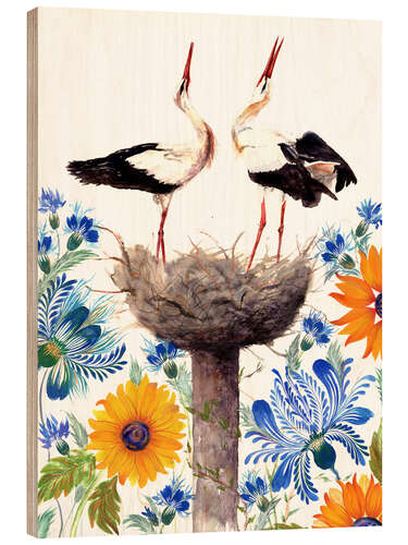 Wood print Stork Nest with Cornflowers and Sunflowers