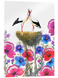 Acrylglasbild Romantisches Storchenpaar im Nest mit rosa, roten und blauen Blüten - Tetiana Savchenko