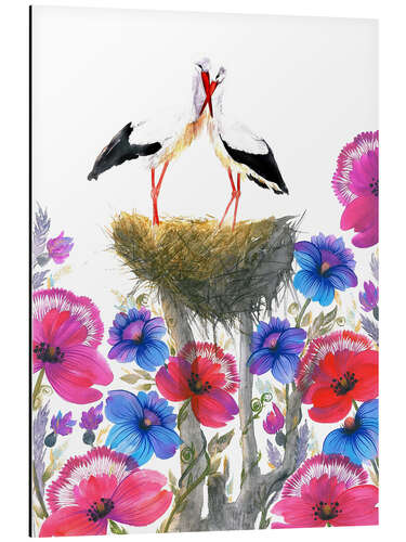 Alubild Romantisches Storchenpaar im Nest mit rosa, roten und blauen Blüten