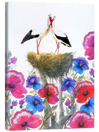 Obraz na płótnie Romantic pair of storks in the nest with pink, red and blue flowers