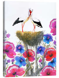 Obraz na płótnie Romantic pair of storks in the nest with pink, red and blue flowers - Tetiana Savchenko