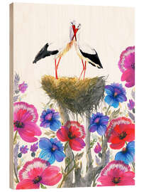 Cuadro de madera Romantic pair of storks in the nest with pink, red and blue flowers - Tetiana Savchenko