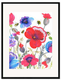 Gerahmter Kunstdruck Rosa, rote und blaue Wildblumen im Petrykivka-Stil