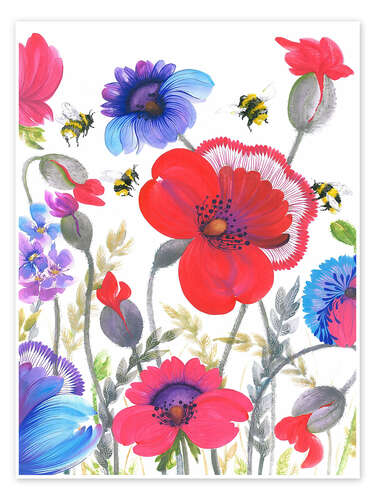 Poster Pink, Red, and Blue Wildflowers in Petrykivka Style