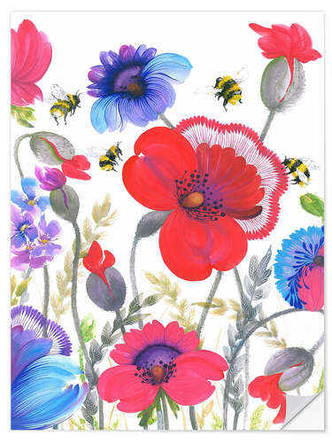Autocolante decorativo Pink, Red, and Blue Wildflowers in Petrykivka Style