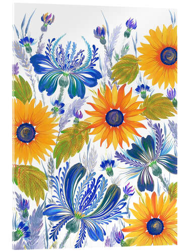 Acrylic print Cornflowers and Sunflowers in Petrykivka Style