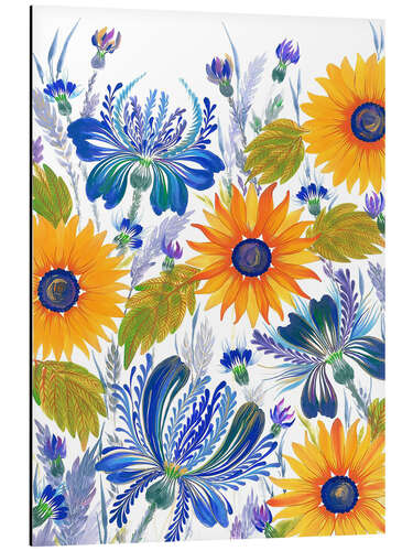 Aluminium print Cornflowers and Sunflowers in Petrykivka Style