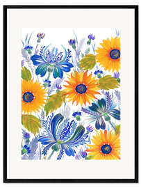 Gerahmter Kunstdruck Kornblumen und Sonnenblumen im Petrykivka-Stil