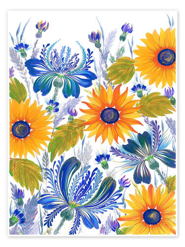 Póster Cornflowers and Sunflowers in Petrykivka Style