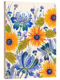 Wood print Cornflowers and Sunflowers in Petrykivka Style