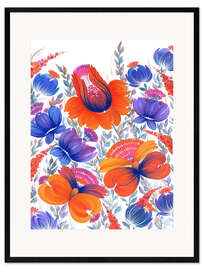 Gerahmter Kunstdruck Orange und blaue Blumen im Petrykivka-Stil