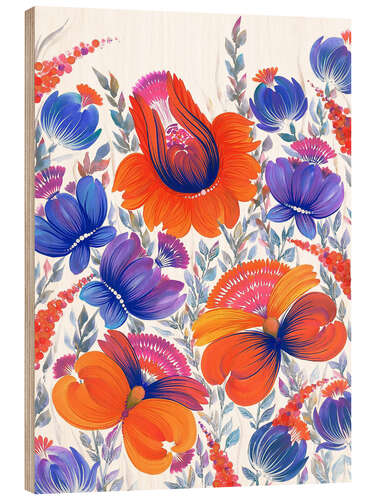 Holzbild Orange und blaue Blumen im Petrykivka-Stil
