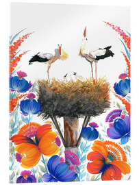 Cuadro de metacrilato Stork couple with chicks, orange-blue flowers - Tetiana Savchenko
