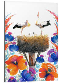 Alubild Storchenpaar mit Küken, orange-blauen Blumen - Tetiana Savchenko