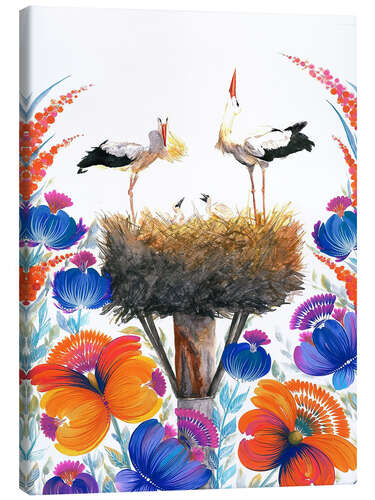 Canvas print Stork couple with chicks, orange-blue flowers