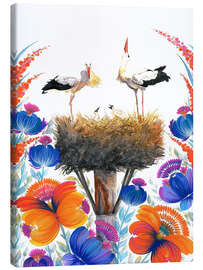 Obraz na płótnie Stork couple with chicks, orange-blue flowers - Tetiana Savchenko