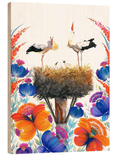 Cuadro de madera Stork couple with chicks, orange-blue flowers