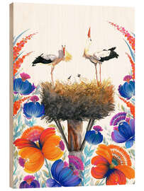 Cuadro de madera Stork couple with chicks, orange-blue flowers - Tetiana Savchenko