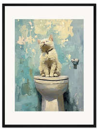 Gerahmter Kunstdruck Weiße Katze auf Klo