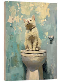 Wood print White cat on toilet
