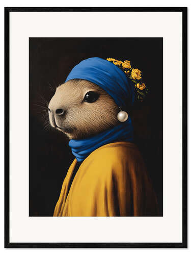 Gerahmter Kunstdruck Capybara mit Perlenohrringen