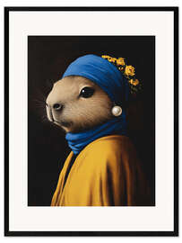 Gerahmter Kunstdruck Capybara mit Perlenohrringen
