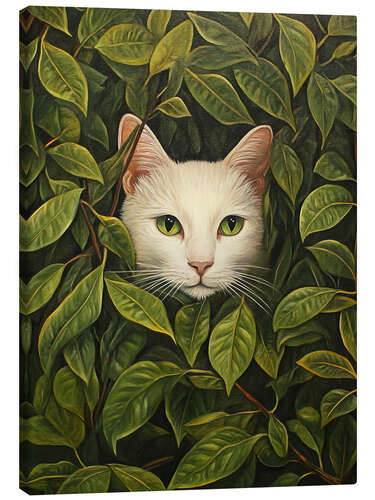 Canvas-taulu White cat hiding in green leaves